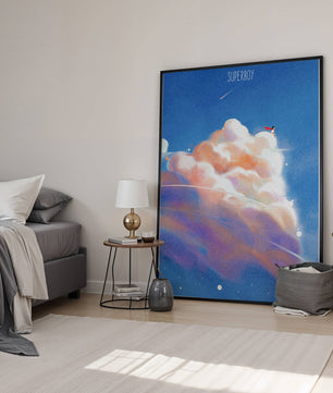 Whimsical illustration of superboy with dreamy cloudscape