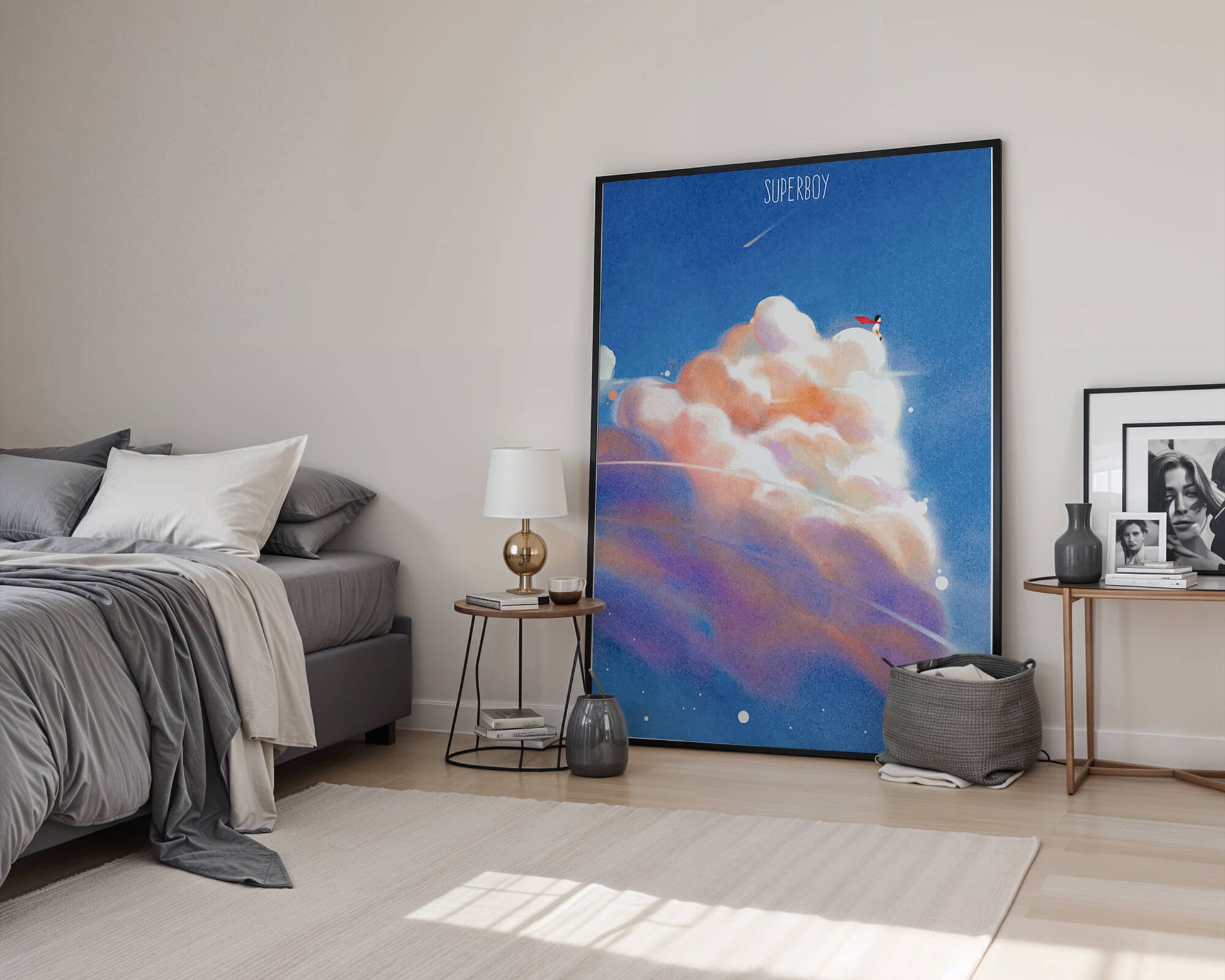 Whimsical illustration of superboy with dreamy cloudscape