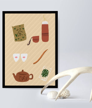 Illustración de un juego de té tradicional con hojas de té y accesorios
