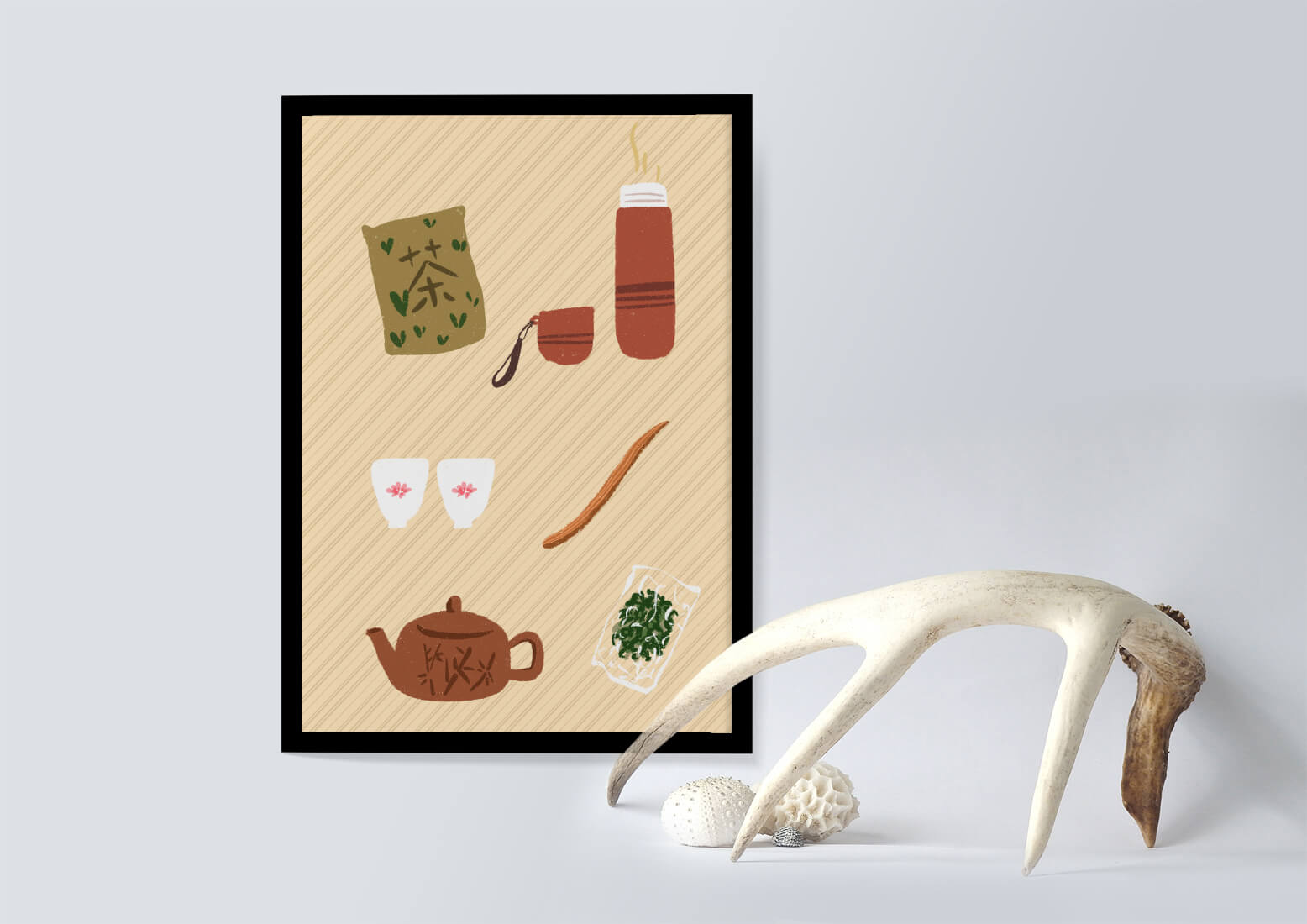 Illustración de un juego de té tradicional con hojas de té y accesorios