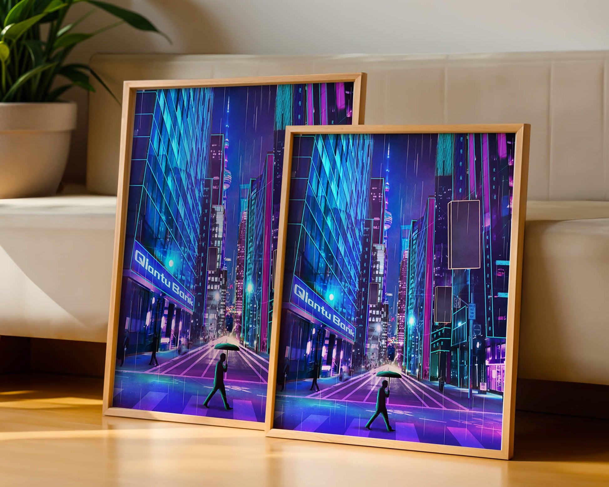 Futuristic urban street scene with neon lights and rainy atmosphere