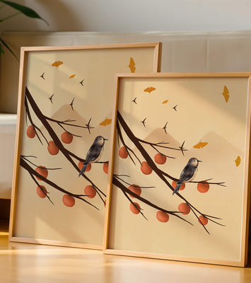 Bird Perched on Branch with Red Fruits and Flying Leaves