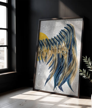 Abstract Composition with Blue and Gold Accents on Textured Background