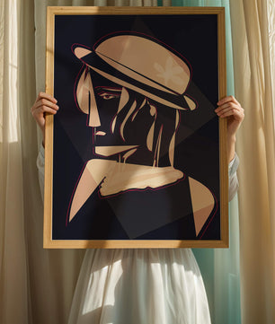Stylized Portrait of a Woman in a Hat with Geometric Elements - Mi tienda