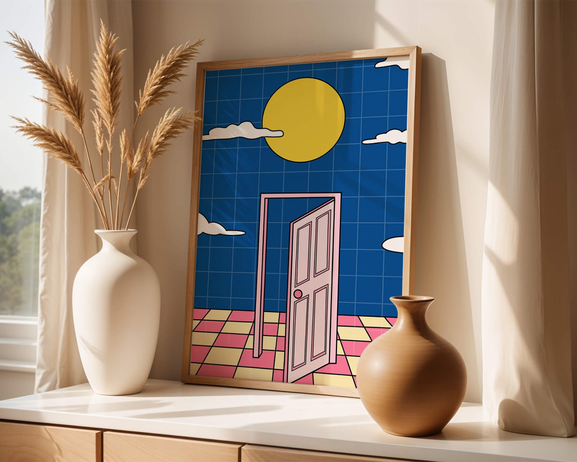 Surreal doorway with pink door under yellow sun and blue sky