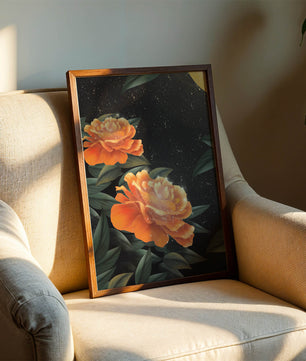 Fantasía floral elegante con flores naranjas vibrantes y un brillo dorado