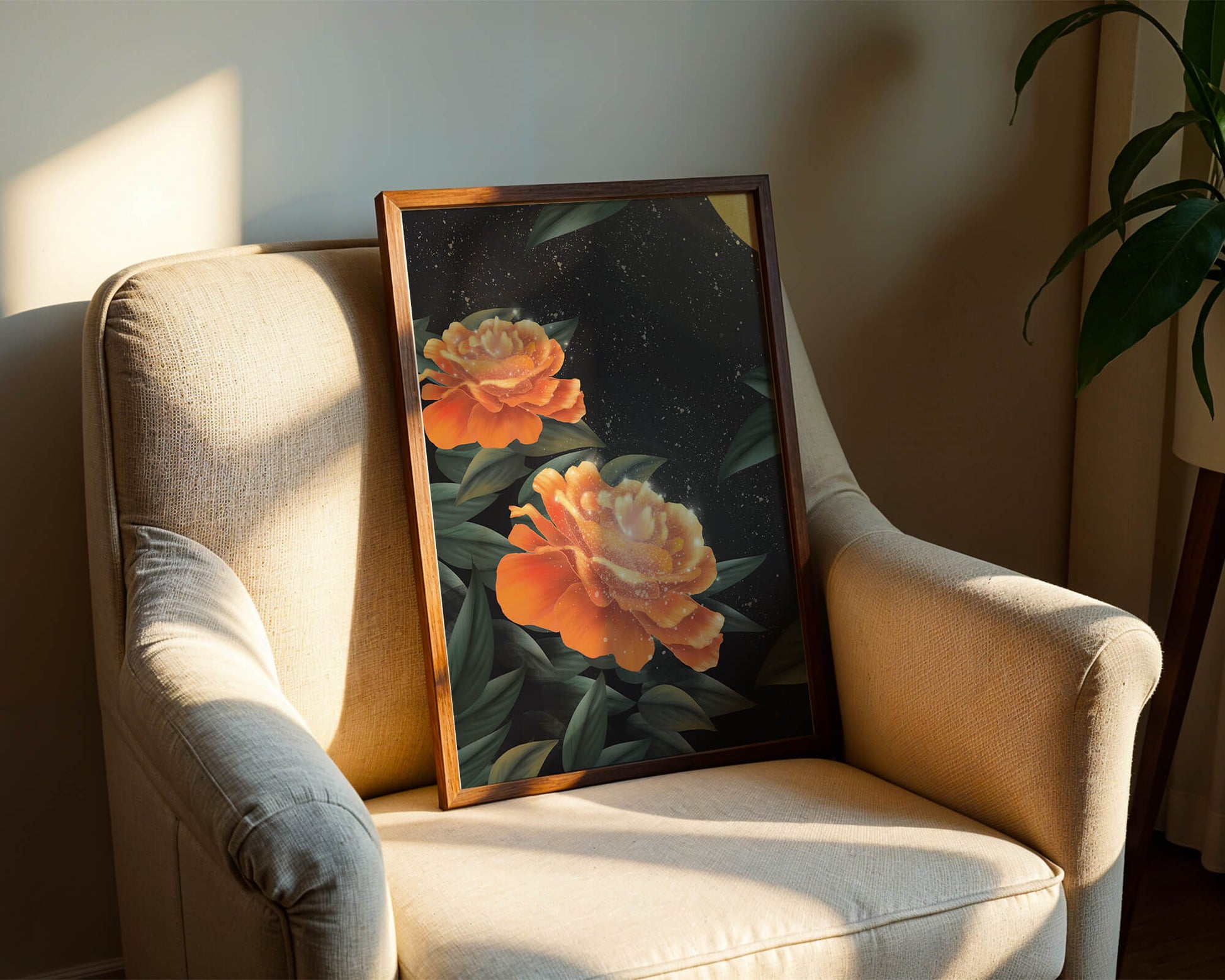 Fantasía floral elegante con flores naranjas vibrantes y un brillo dorado