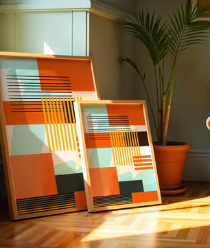 Abstract Geometric Composition with Gold and Orange Elements - Mi tienda