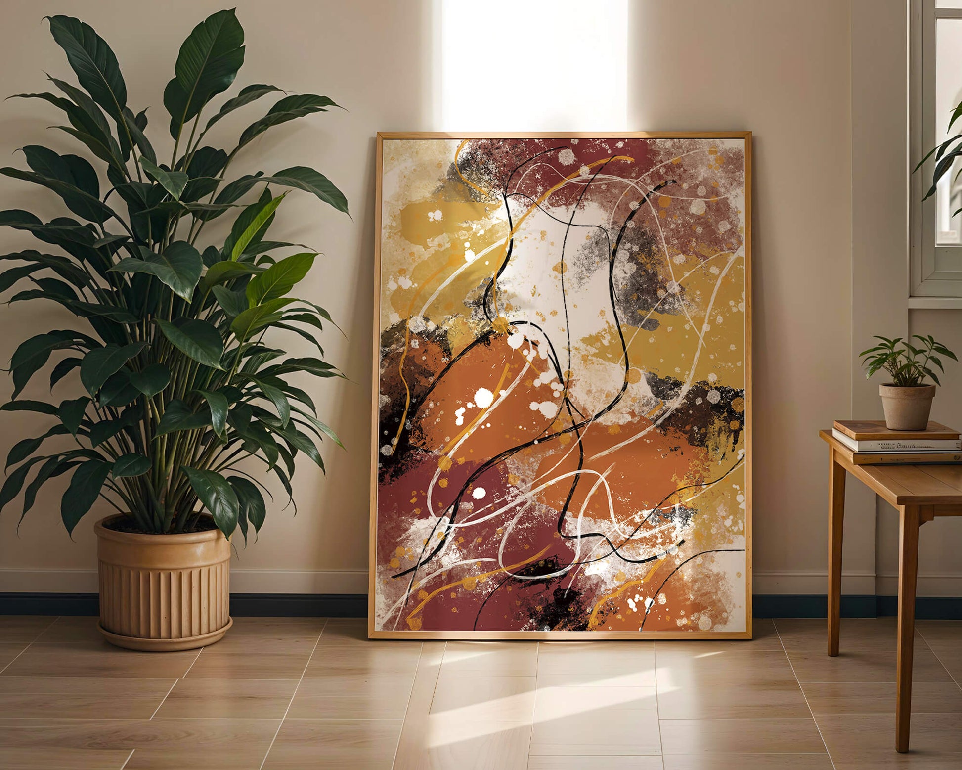 Pieza de arte abstracto colorida con trazos y salpicaduras audaces