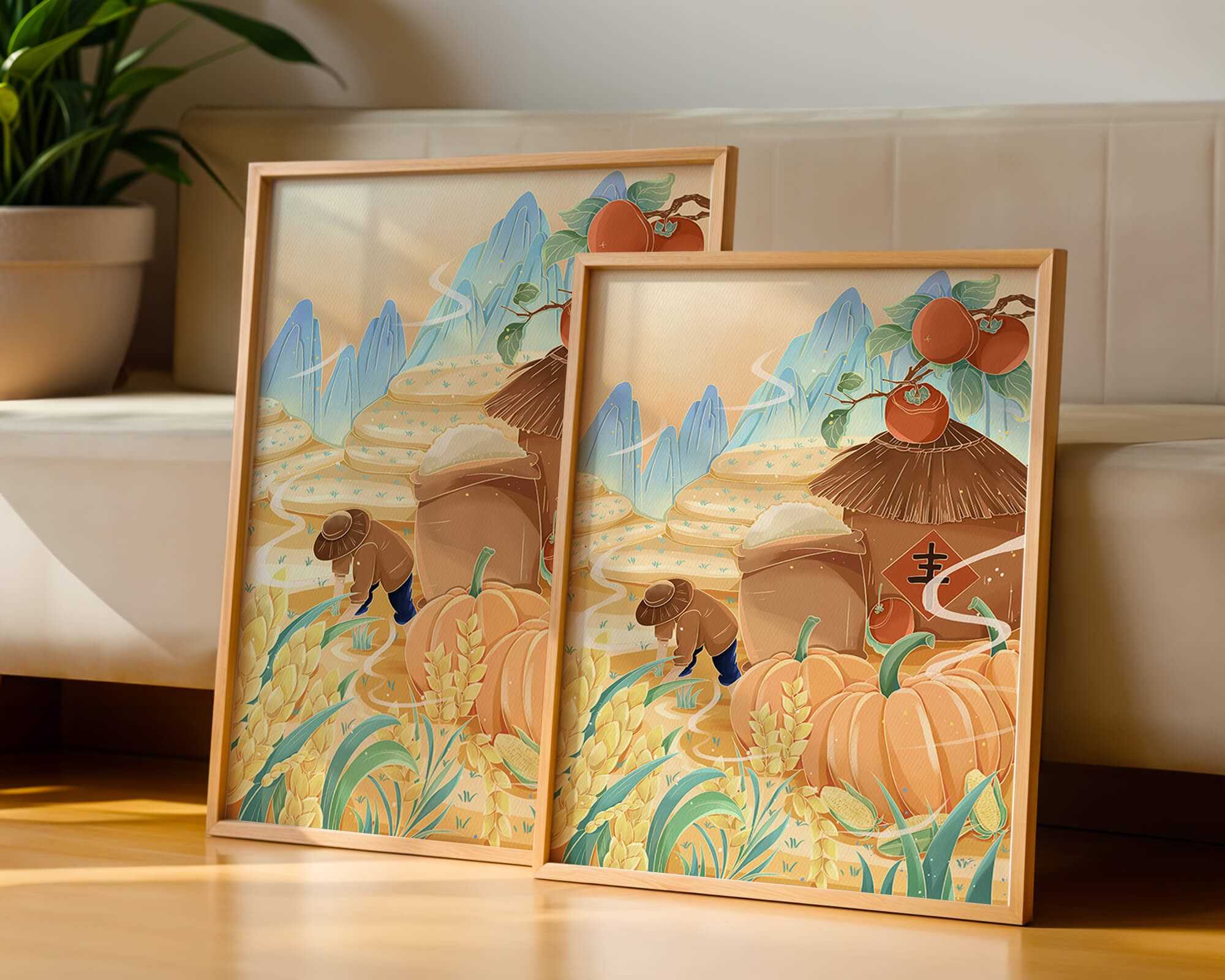 Pastoral landscape with pumpkins and farmer in rice fields