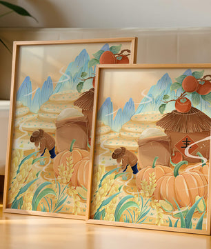 Pastoral landscape with pumpkins and farmer in rice fields