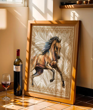 Elegant horse illustration with ornate golden frame