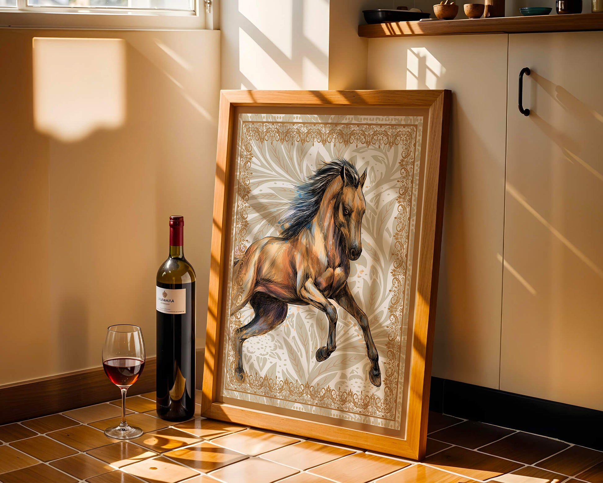 Elegant horse illustration with ornate golden frame