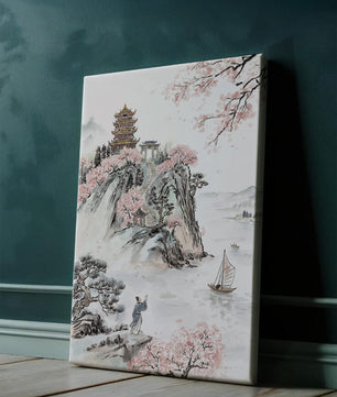 Tranquil Landscape with Cherry Blossoms and Traditional Pagoda