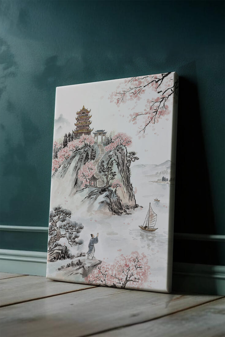 Tranquil Landscape with Cherry Blossoms and Traditional Pagoda