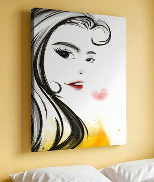 Dibujo de retrato elegante con labios rojos y motivo de corazón