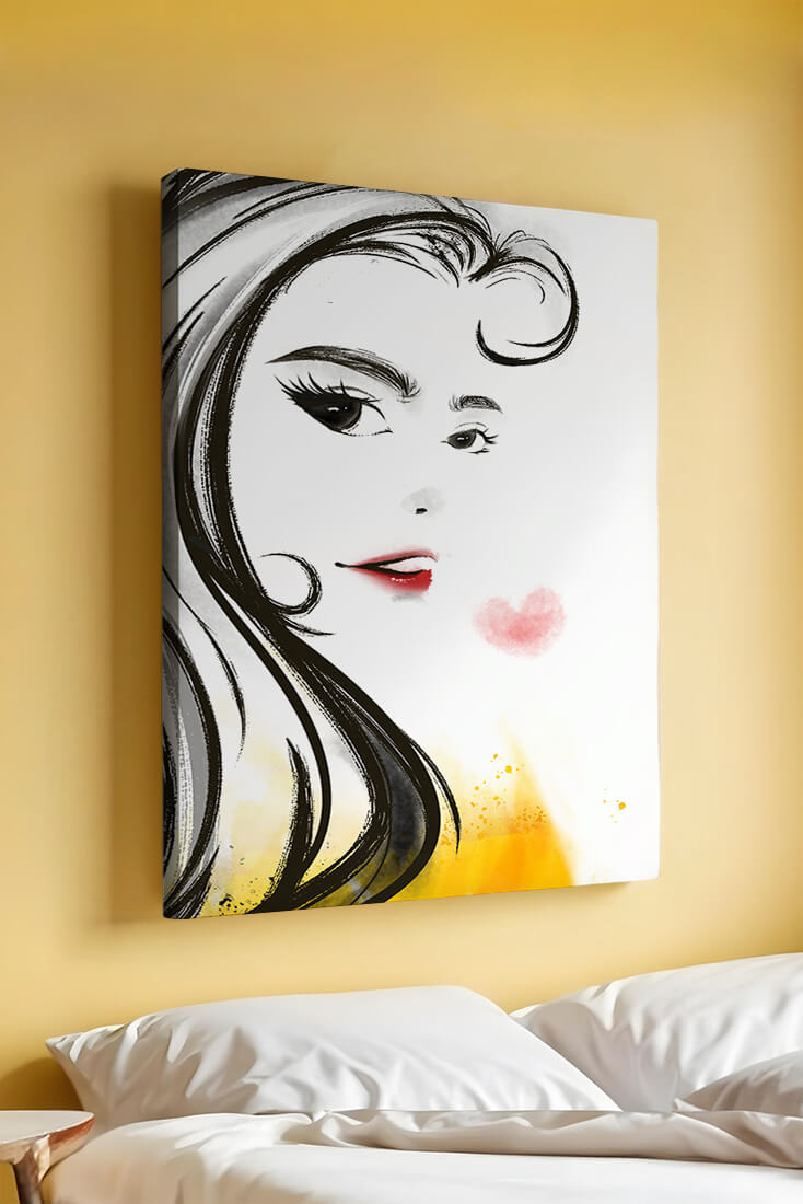 Elegant portrait sketch with red lips and a heart motif