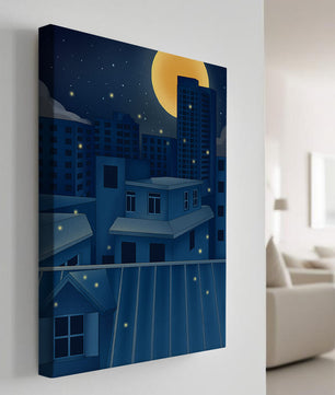 Night Urban Skyline Under a Starry Sky with Bright Full Moon
