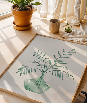 Illustration minimaliste à l’aquarelle de feuilles vertes dans un vase en verre