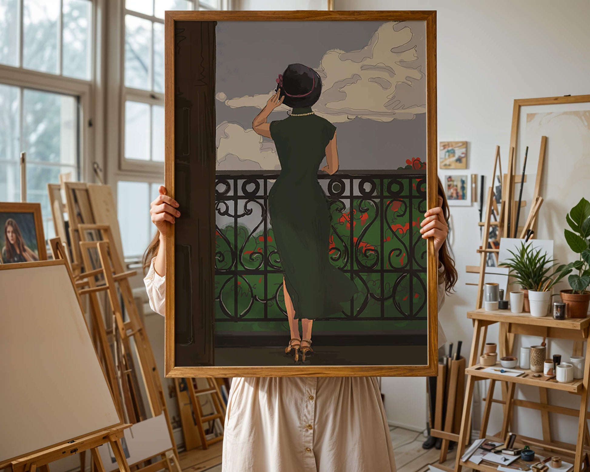 Mujer elegante en un balcón con vista pintoresca y flores rojas