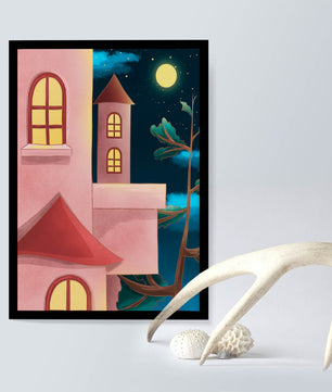 Castillo con ventanas arqueadas bajo el cielo iluminado por la luna