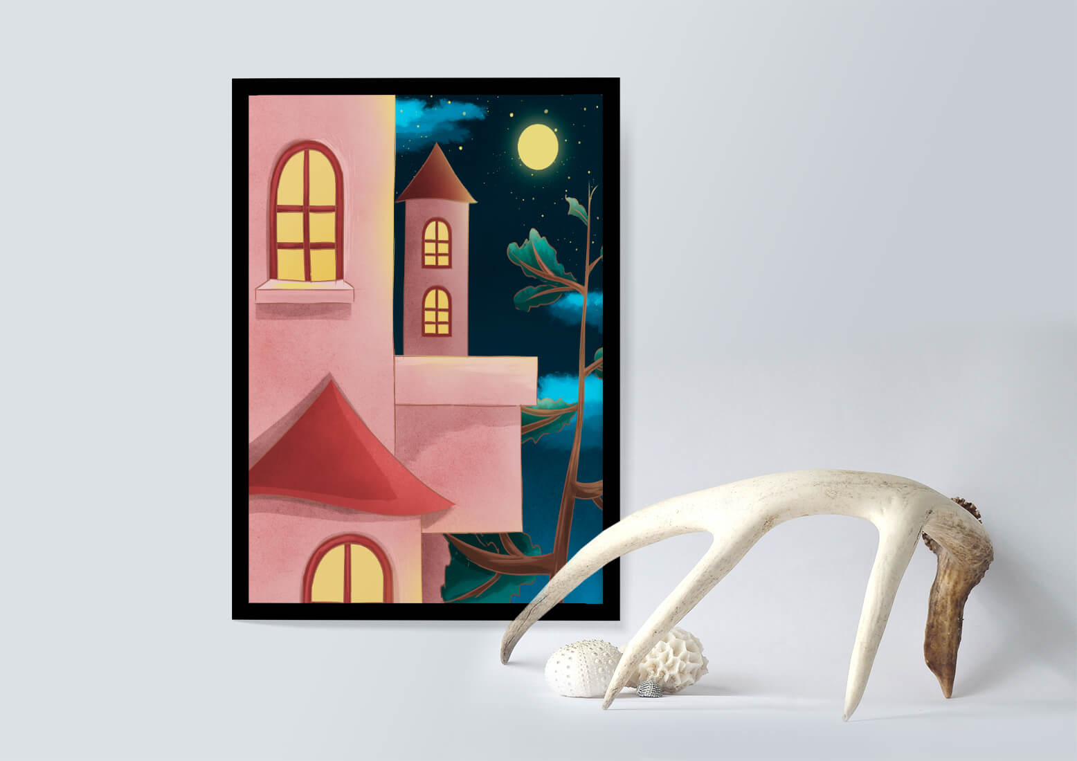 Castle with Arched Windows under Moonlit Sky