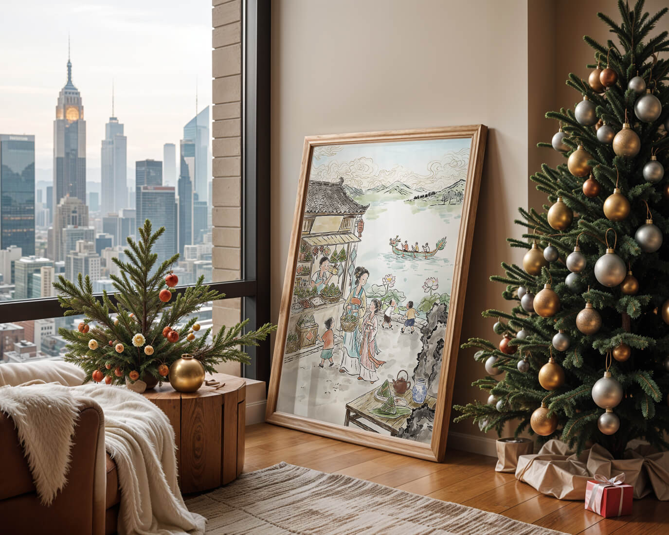 Escena tradicional del mercado chino con carreras de botes dragón