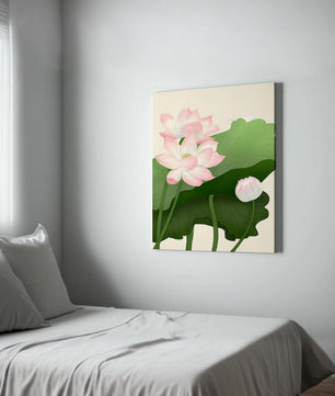 Delicate pink lotus flowers with verdant green leaves