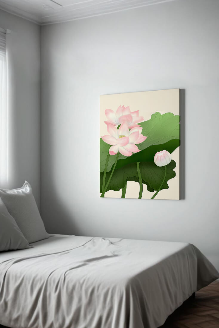 Delicate pink lotus flowers with verdant green leaves