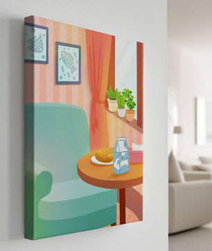 Sala de estar acogedora con mesa y cartón de leche