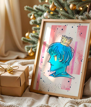 Illustration artistique d’un personnage au visage bleu avec une couronne dorée sur un fond abstrait