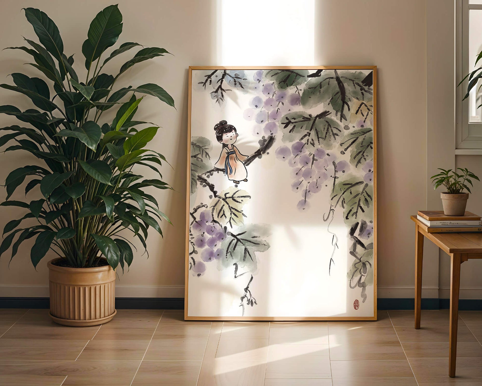 Una chica caprichosa sentada en una rama con bayas moradas y hojas verdes en estilo acuarela