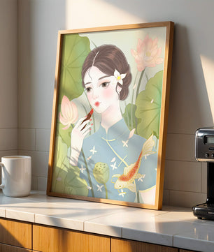 Elegant Woman in Traditional Dress with Lotus and Koi Fish - Mi tienda
