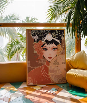 Elegante retrato de una mujer asiática con atuendo tradicional y elementos florales