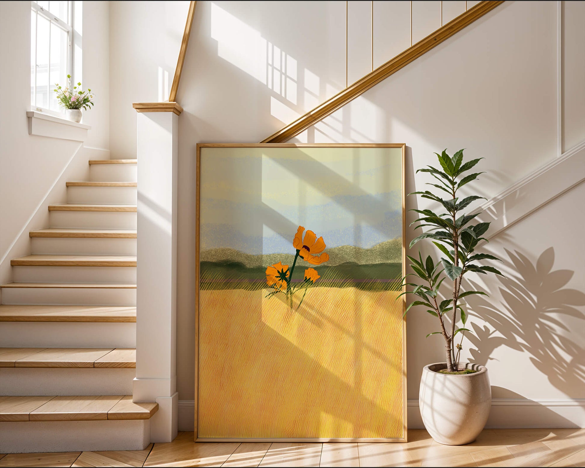 Orange Flowers in a Golden Field with Mountains and Blue Sky