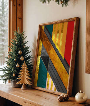 Abstract geometric design with gold accents and vibrant colors
