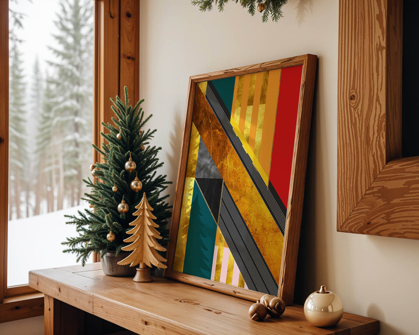 Abstract geometric design with gold accents and vibrant colors