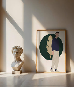 Illustration of a man standing with abstract leaf background