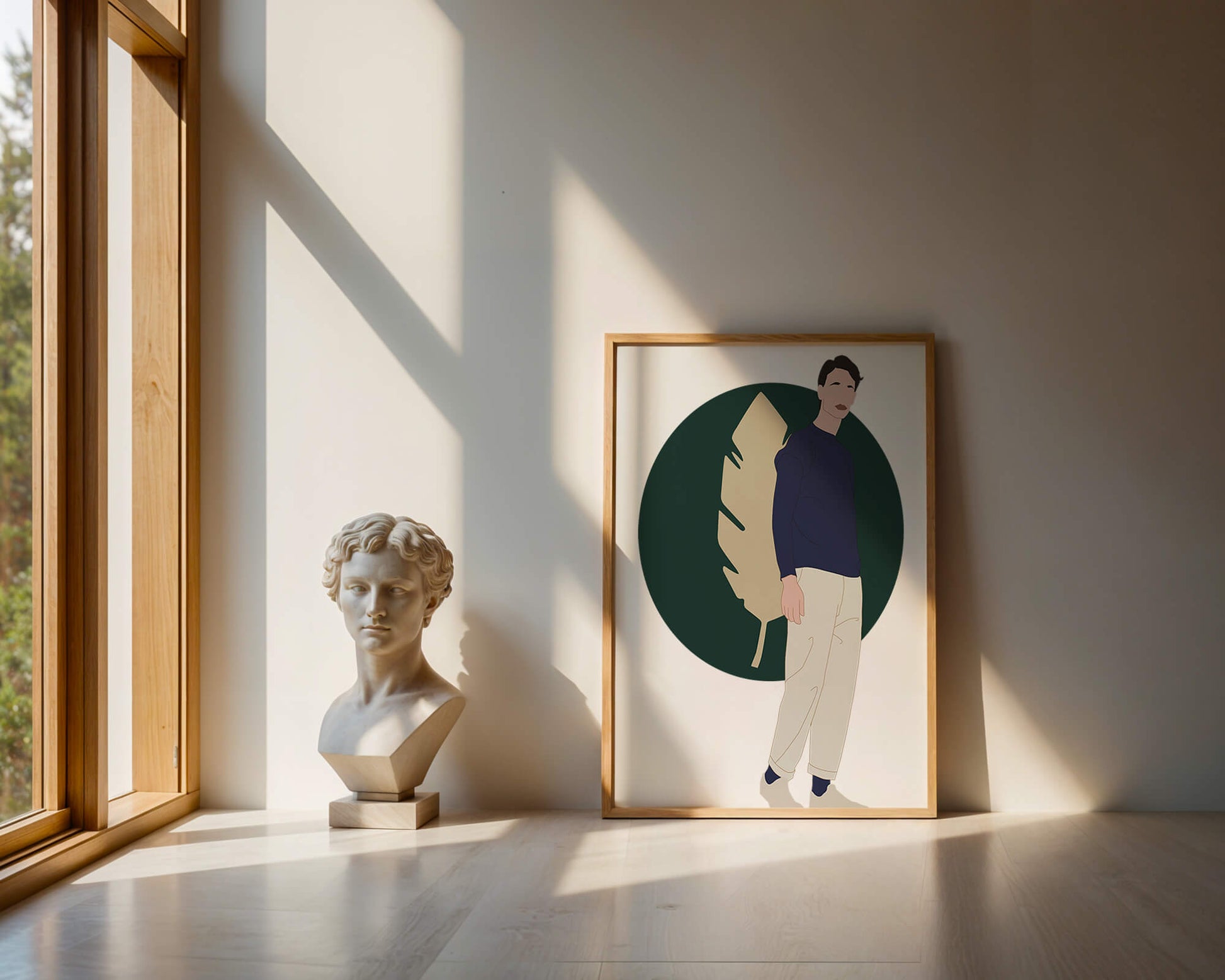 Illustration of a man standing with abstract leaf background
