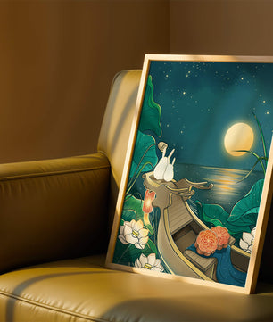 Ilustración serena de conejos contemplando una luna brillante sobre un lago tranquilo