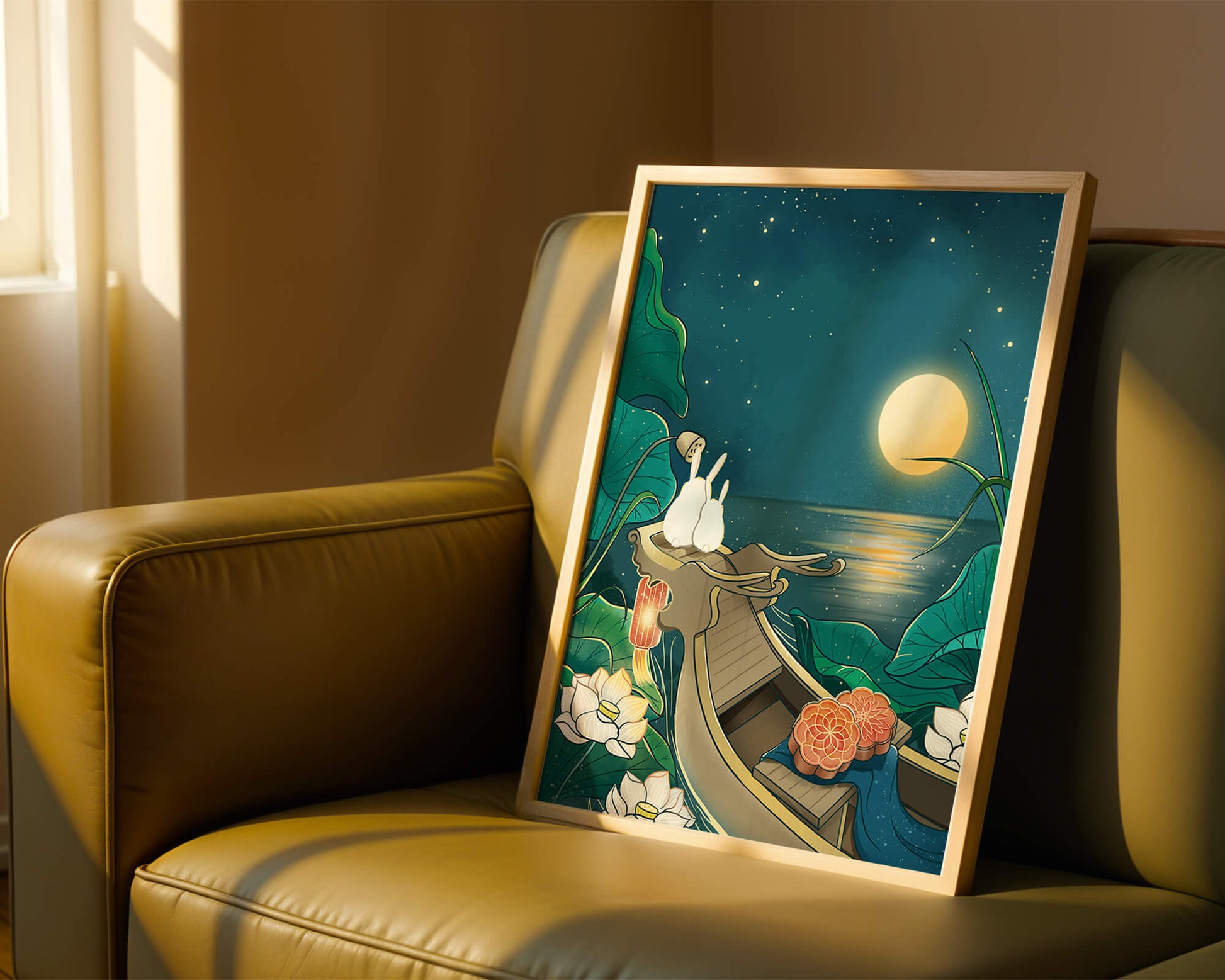 Serene illustration of rabbits gazing at a bright moon on a tranquil lake