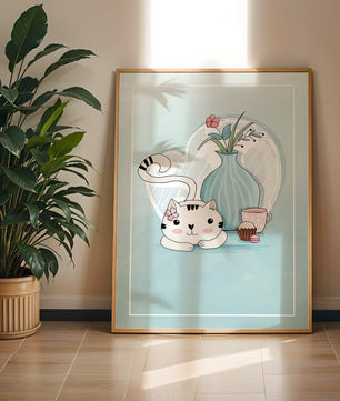 Cute Cat with Flowers, Cup, and Vase on Blue Background - Mi tienda