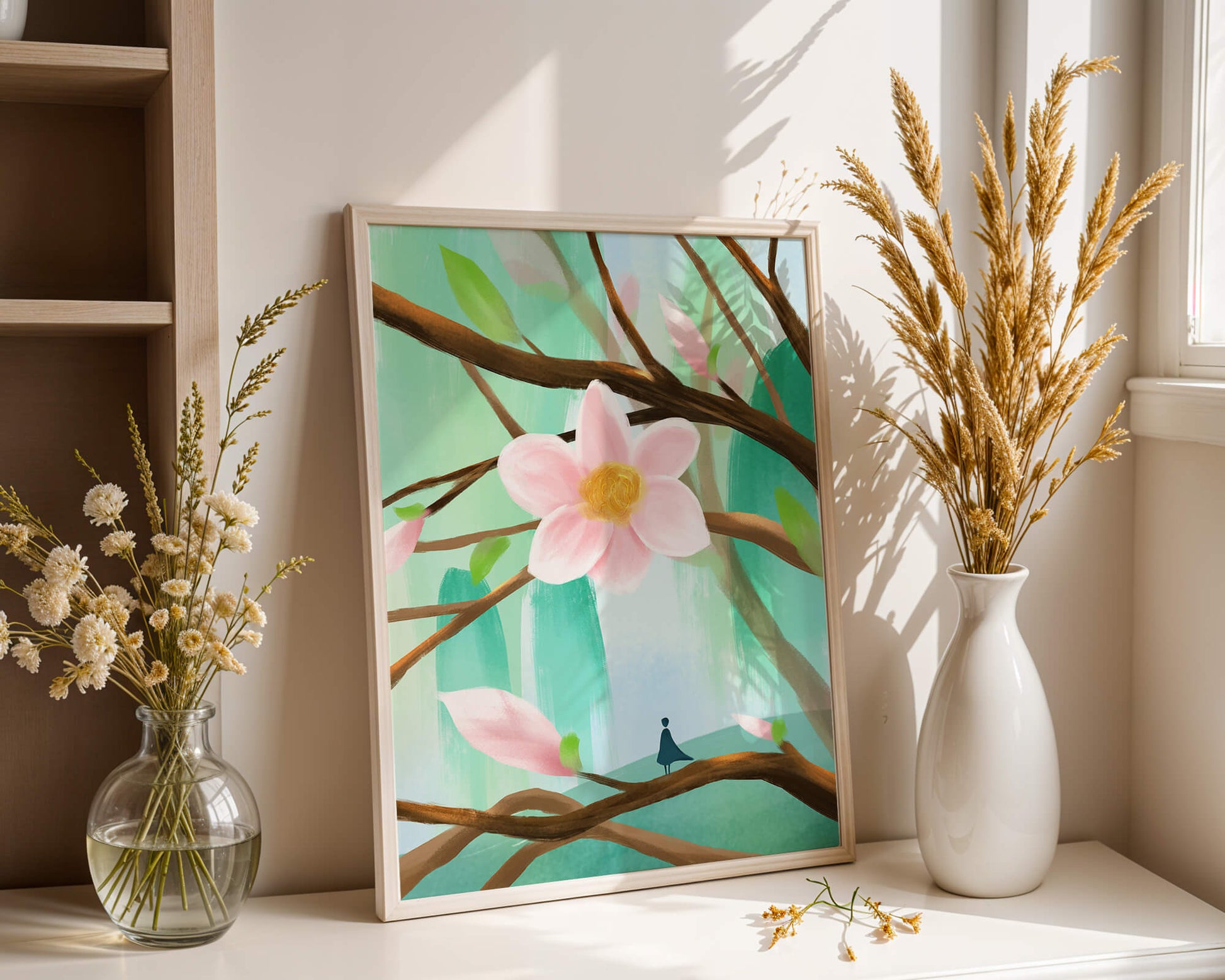 Serene floral artwork with large pink flower on tree branches