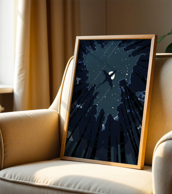 Dragon flying through starry night sky above dark forest