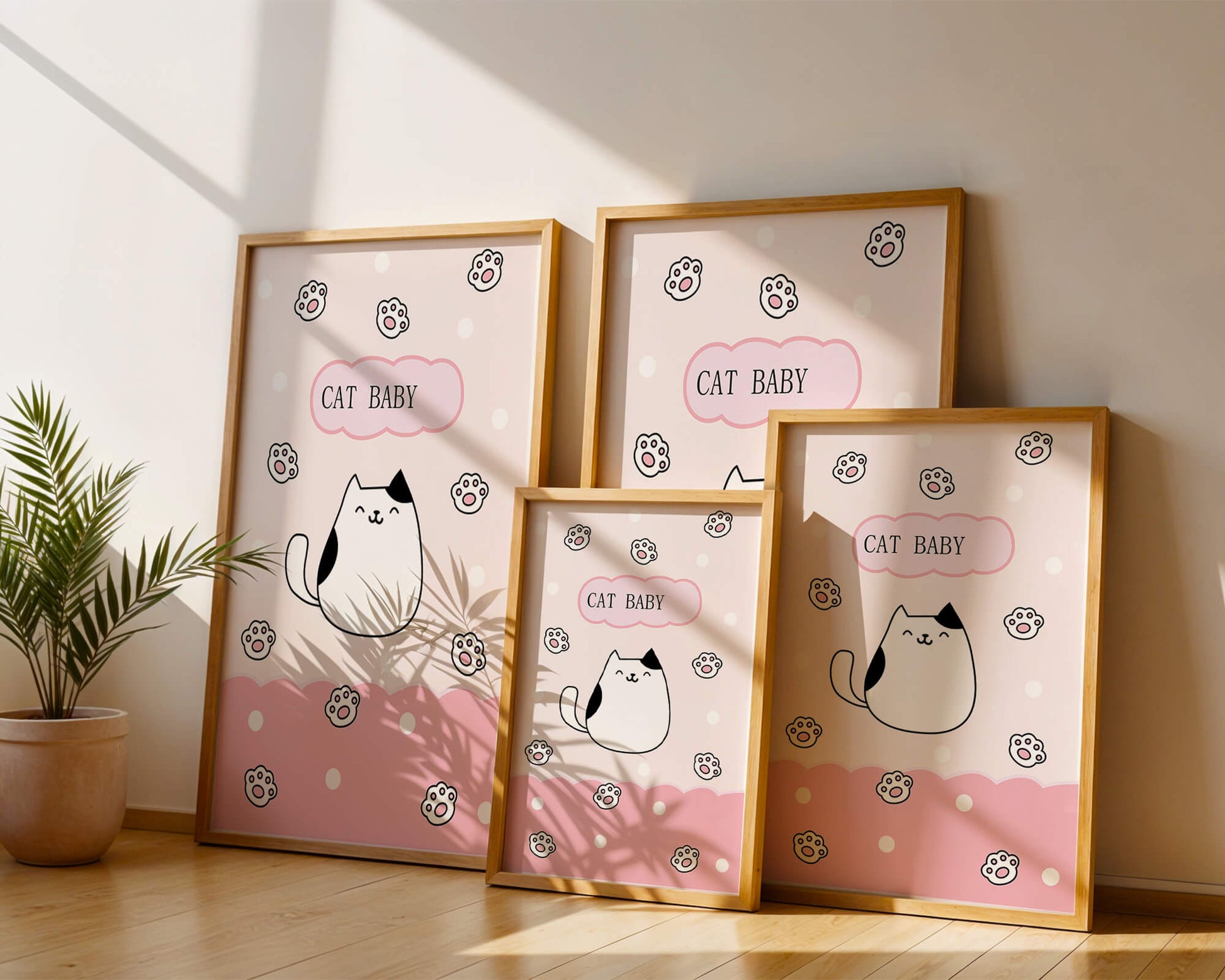 Adorable cat baby illustration with cute paw prints and polka dots