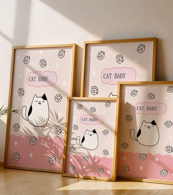 Adorable cat baby illustration with cute paw prints and polka dots