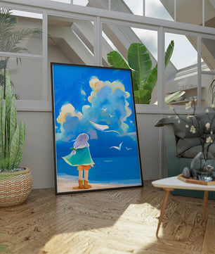 Young person gazing at a vibrant seaside sky with birds flying