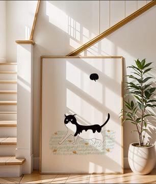Whimsical cat illustration in field of flowers