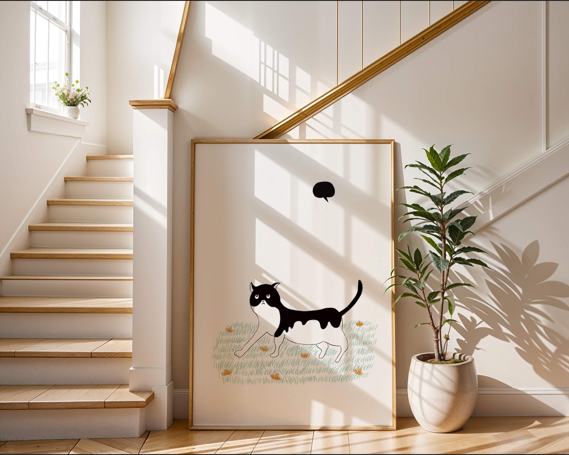 Whimsical cat illustration in field of flowers