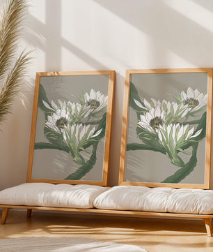 Beautiful botanical illustration of white blooming flowers with green leaves